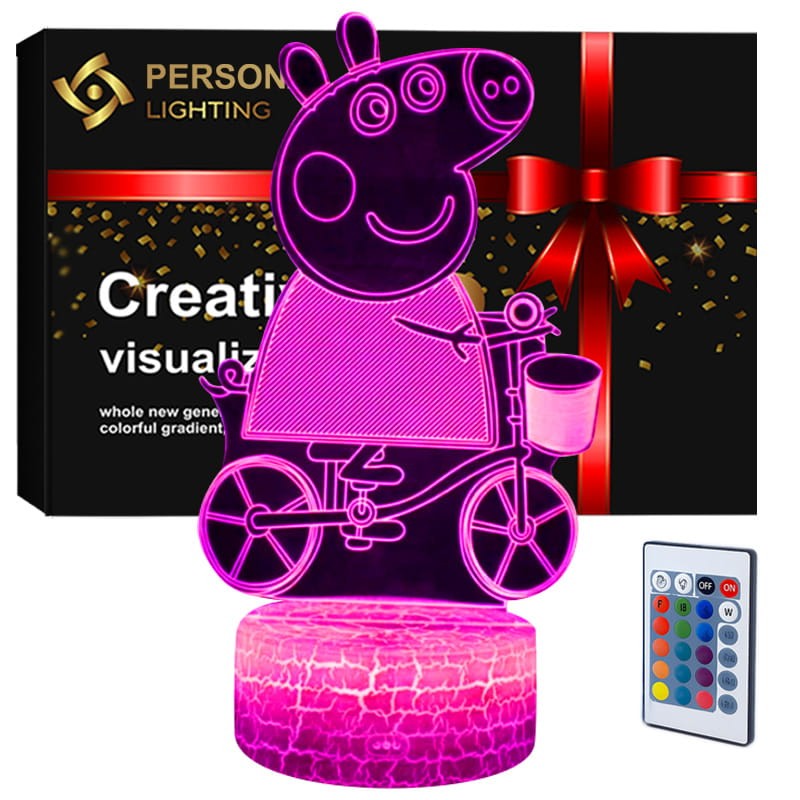 Lampka nocna 3D LED USB z pilotem – Świnka Peppa. Bezpieczna i kolorowa lampka dla dzieci. 16 kolorów światła i pilot w zestawie – idealna dekoracja i prezent.