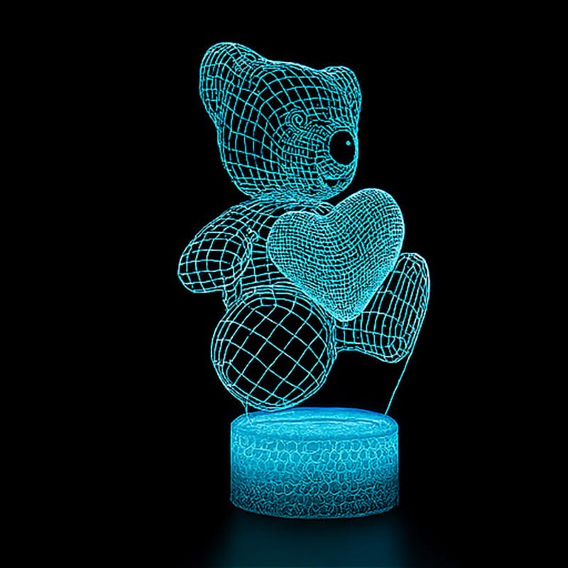 Lampka nocna 3D LED USB z pilotem – Miś Teddy. Delikatne światło i efekt 3D w pokoju dziecka lub sypialni. 16 kolorów, pilot i zasilanie USB – idealna dekoracja i prezent.