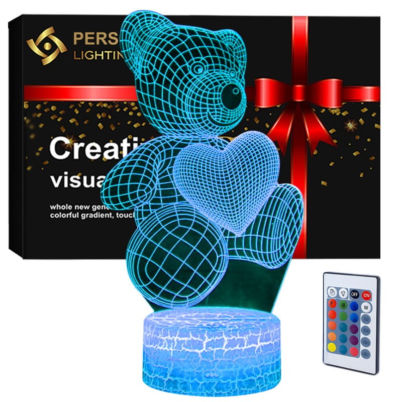 Lampka nocna 3D LED USB z pilotem – Miś Teddy. Delikatne światło i efekt 3D w pokoju dziecka lub sypialni. 16 kolorów, pilot i zasilanie USB – idealna dekoracja i prezent.