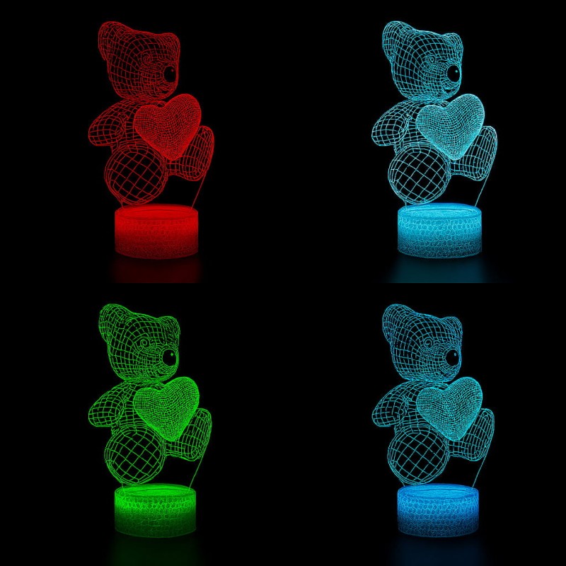 Lampka nocna 3D LED USB z pilotem – Miś Teddy. Delikatne światło i efekt 3D w pokoju dziecka lub sypialni. 16 kolorów, pilot i zasilanie USB – idealna dekoracja i prezent.