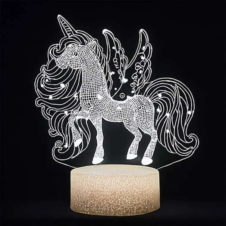 Lampka nocna 3D LED USB z pilotem – Jednorożec. 16 kolorów światła i bajkowy efekt 3D – idealny prezent i dekoracja pokoju dziecka.