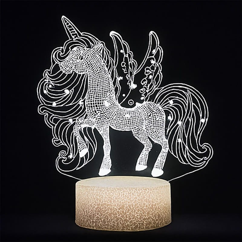 Lampka nocna 3D LED USB z pilotem – Jednorożec. 16 kolorów światła i bajkowy efekt 3D – idealny prezent i dekoracja pokoju dziecka.