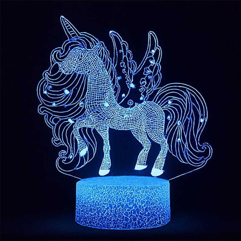 Lampka nocna 3D LED USB z pilotem – Jednorożec. 16 kolorów światła i bajkowy efekt 3D – idealny prezent i dekoracja pokoju dziecka.