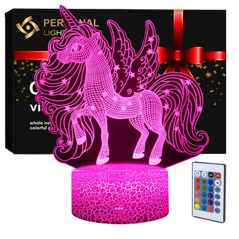 Lampka nocna 3D LED USB z pilotem – Jednorożec. 16 kolorów światła i bajkowy efekt 3D – idealny prezent i dekoracja pokoju dziecka.