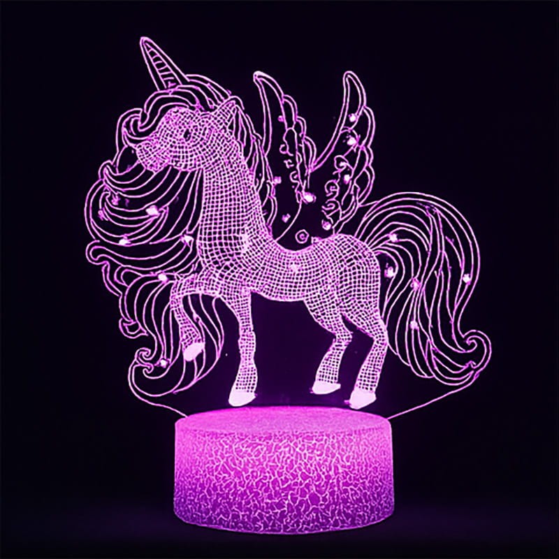 Lampka nocna 3D LED USB z pilotem – Jednorożec. 16 kolorów światła i bajkowy efekt 3D – idealny prezent i dekoracja pokoju dziecka.