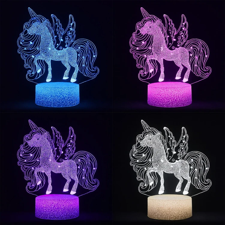 Lampka nocna 3D LED USB z pilotem – Jednorożec. 16 kolorów światła i bajkowy efekt 3D – idealny prezent i dekoracja pokoju dziecka.