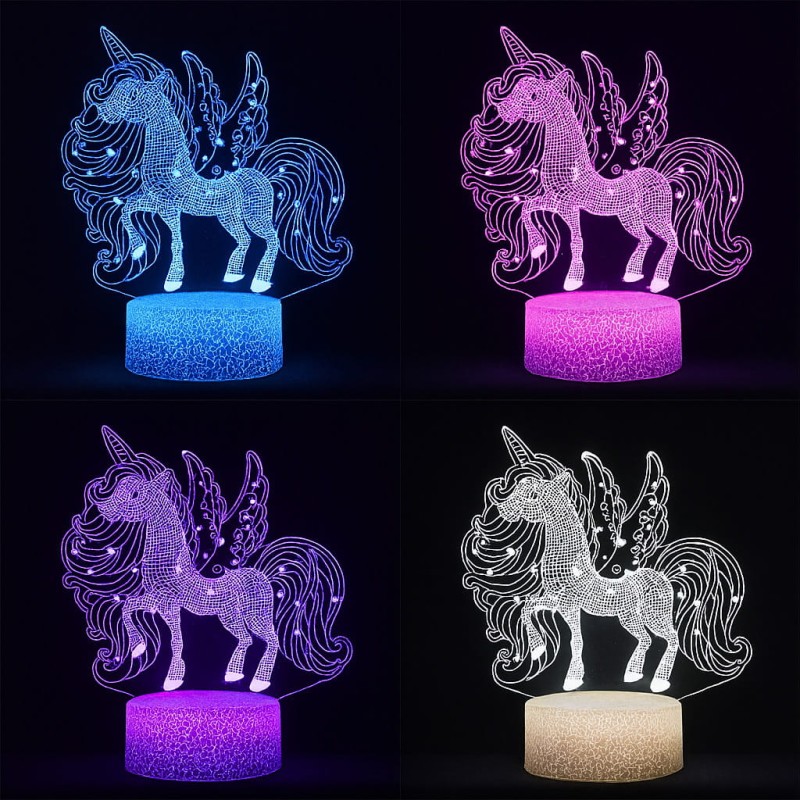 Lampka nocna 3D LED USB z pilotem – Jednorożec. 16 kolorów światła i bajkowy efekt 3D – idealny prezent i dekoracja pokoju dziecka.