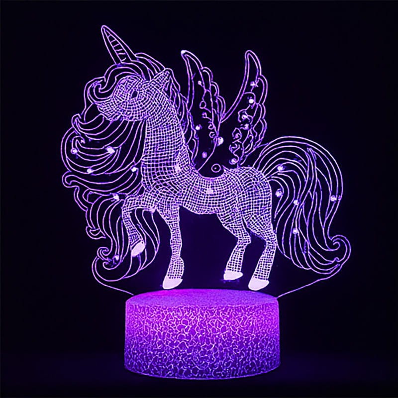 Lampka nocna 3D LED USB z pilotem – Jednorożec. 16 kolorów światła i bajkowy efekt 3D – idealny prezent i dekoracja pokoju dziecka.