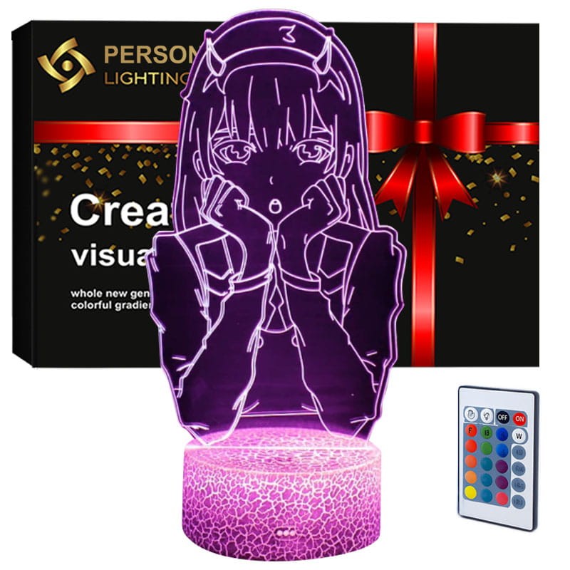 Lampka nocna 3D LED USB z pilotem – Zero Two z anime Darling in the Franxx. Efekt 3D, 16 kolorów światła i pilot – idealna dekoracja i prezent dla fana anime.