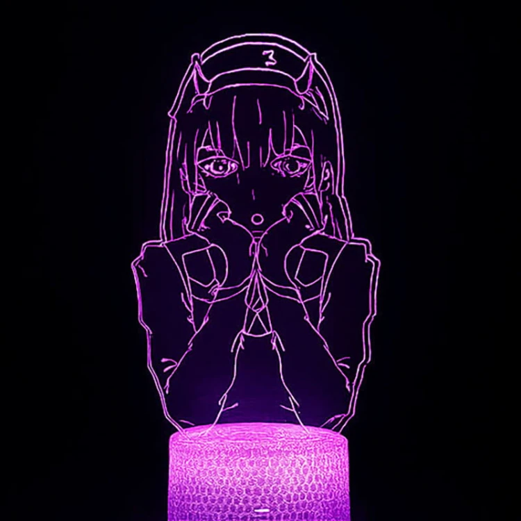 Lampka nocna 3D LED USB z pilotem – Zero Two z anime Darling in the Franxx. Efekt 3D, 16 kolorów światła i pilot – idealna dekoracja i prezent dla fana anime.
