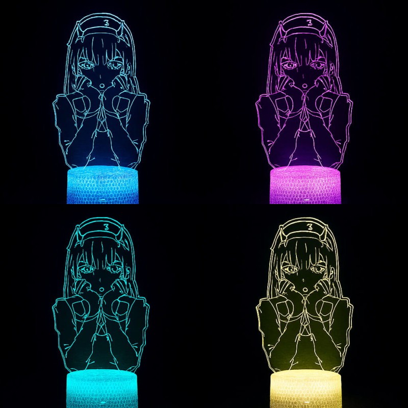 Lampka nocna 3D LED USB z pilotem – Zero Two z anime Darling in the Franxx. Efekt 3D, 16 kolorów światła i pilot – idealna dekoracja i prezent dla fana anime.