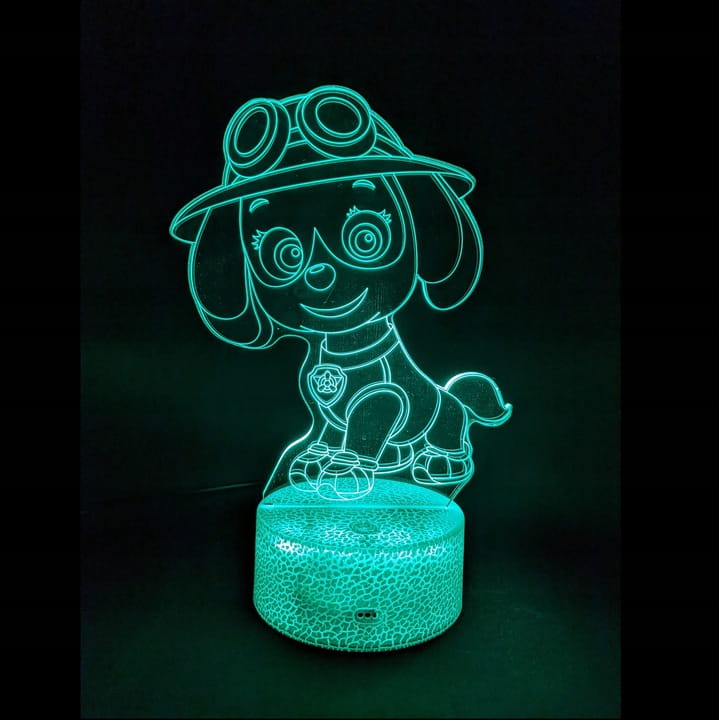 Lampa 3D LED z bajki Psi Patrol – efektowna i bezpieczna lampka nocna dla dzieci. 16 kolorów światła, pilot i kabel USB w zestawie.