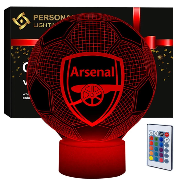 Lampka nocna 3D LED Arsenal FC – piłka nożna z efektem 3D, 16 kolorów i pilot. Doskonały prezent dla kibica piłki nożnej.