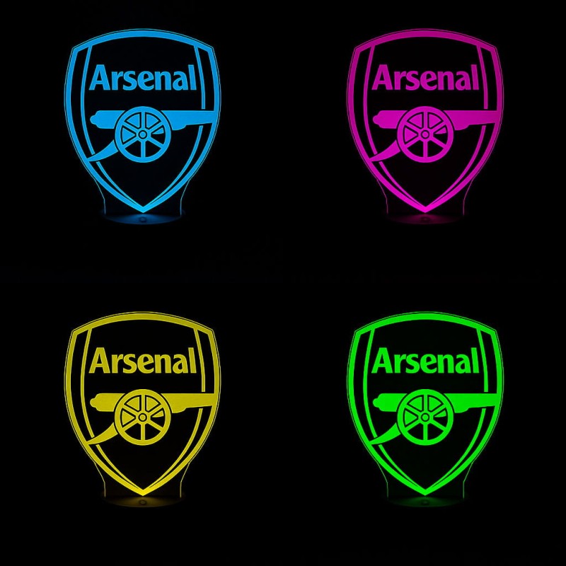 Efektowna lampka nocna LED Arsenal FC z czarną podstawą i pilotem. 16 kolorów światła, zasilanie USB.