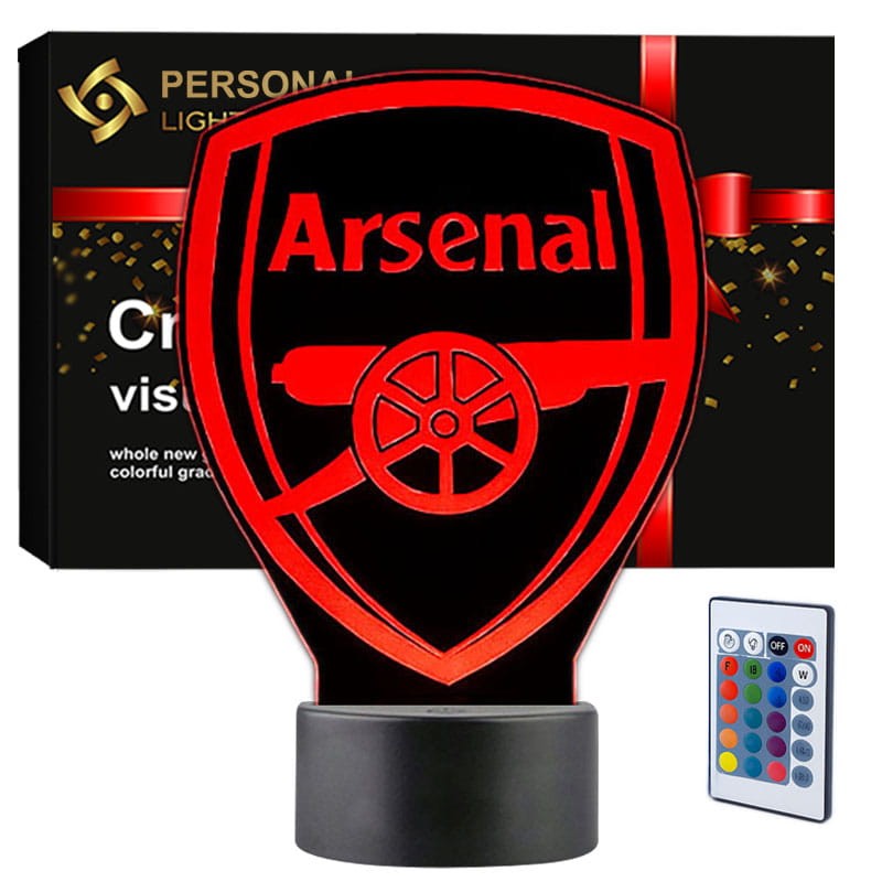 Lampka nocna 3D LED Arsenal FC z czarną podstawą. 16 kolorów światła, pilot i USB. Idealny prezent dla fana piłki nożnej.
