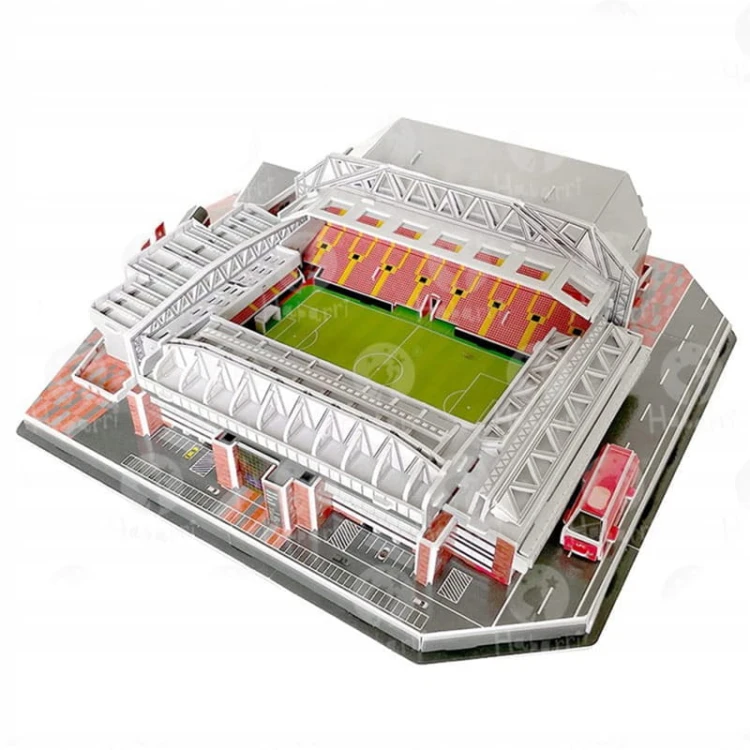 Puzzle 3D Anfield, detaliczny model stadionu Liverpool FC, montaż bez narzędzi.