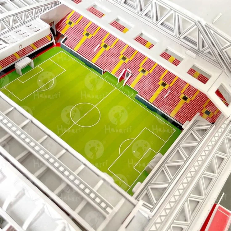 Miniatura stadionu Anfield 3D, prezentacja wymiarów i zawartości zestawu.