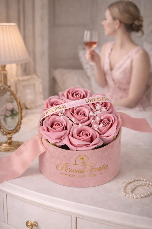 Flower Box w welurowym pudełku z eleganckimi kwiatami mydlanymi — idealny zestaw prezentowy.