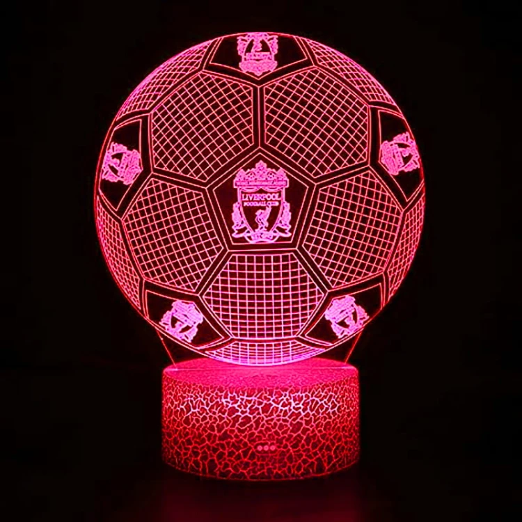 Piłkarska lampka 3D LED USB Liverpool Ball z akrylową płytką i podstawą LED. 16 kolorów, regulacja jasności, świetna na prezent.