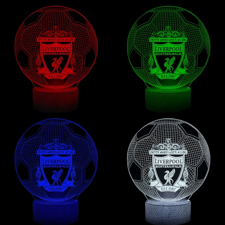 Piłkarska lampka 3D LED USB Liverpool Ball z akrylową płytką i białą podstawką LED. 16 kolorów, regulacja jasności, idealna dla kibica.