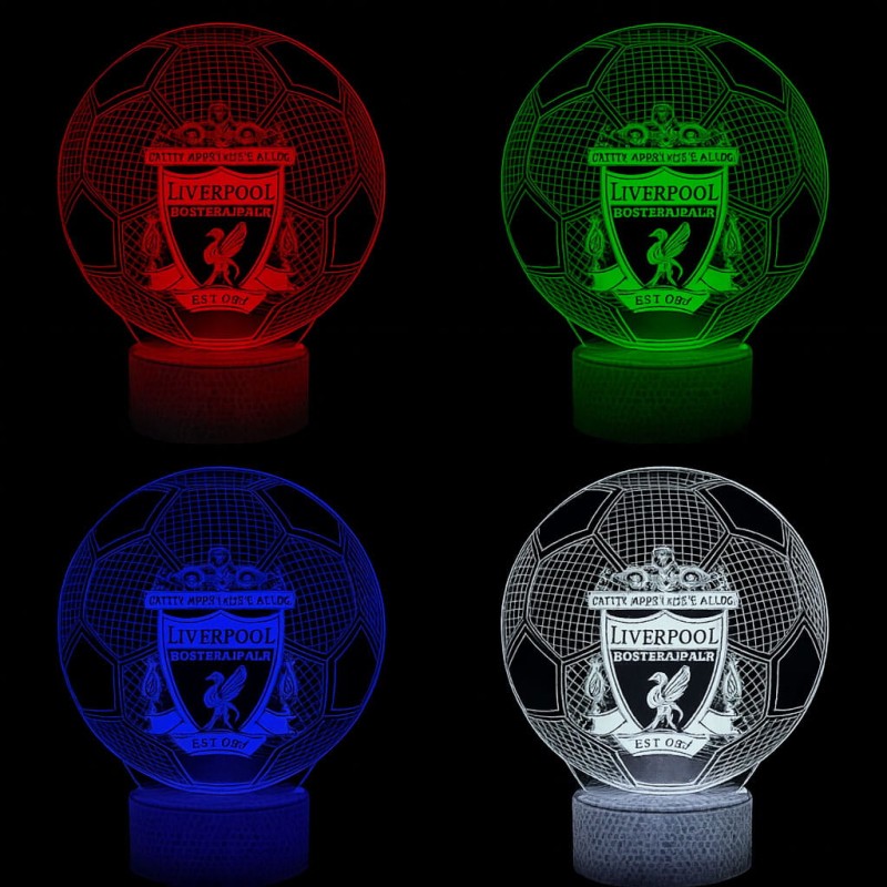 Piłkarska lampka 3D LED USB Liverpool Ball z akrylową płytką i białą podstawką LED. 16 kolorów, regulacja jasności, idealna dla kibica.