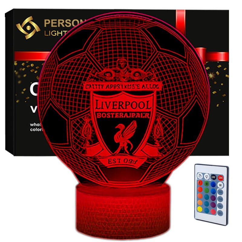 Lampka nocna 3D LED USB Liverpool Ball na białej podstawce – efekt hologramu, 16 kolorów i pilot. Idealna do pokoju kibica.