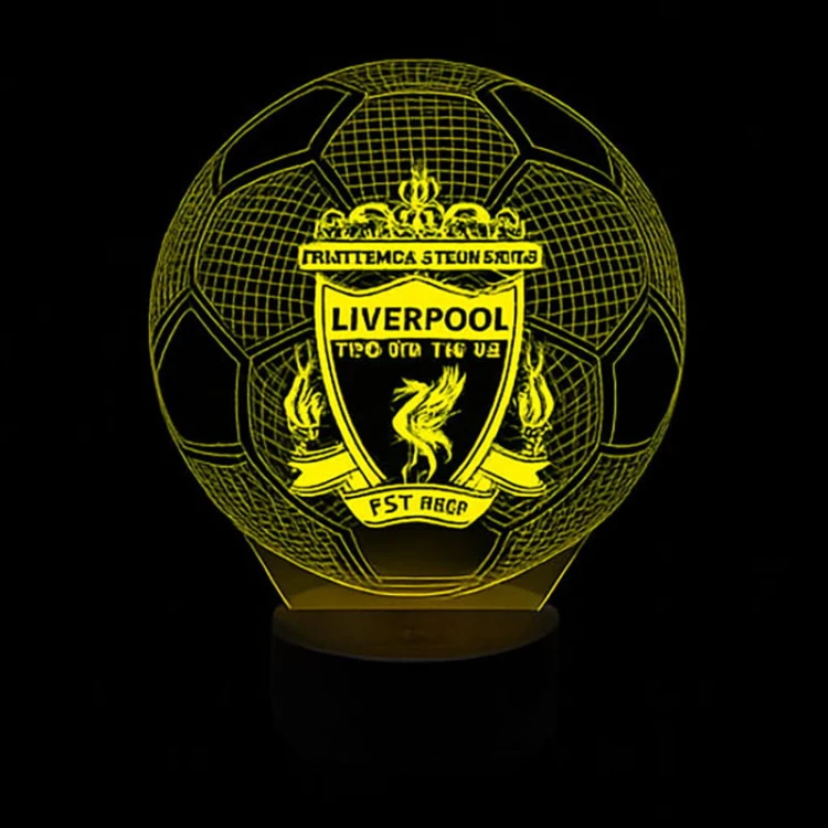 Piłkarska lampka 3D LED USB Liverpool Ball z akrylową płytką i czarną podstawką LED. 16 kolorów, regulacja jasności, idealna dla fana piłki.