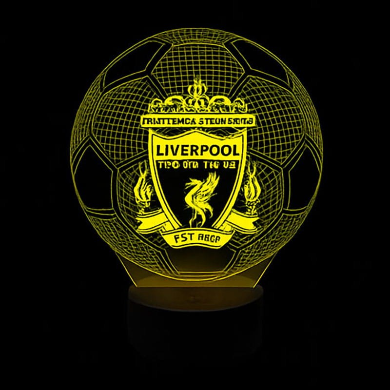 Piłkarska lampka 3D LED USB Liverpool Ball z akrylową płytką i czarną podstawką LED. 16 kolorów, regulacja jasności, idealna dla fana piłki.