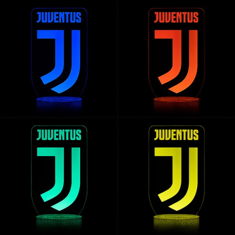 Lampka 3D LED USB Juventus z akrylową płytką i podstawą LED. 16 kolorów, tryby świecenia i sterowanie pilotem.