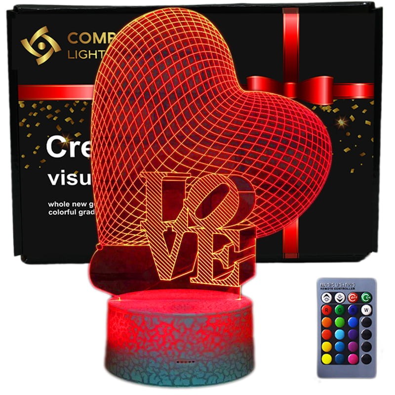 Lampka 3D LOVE – stylowa dekoracja do sypialni. Pilot + USB.