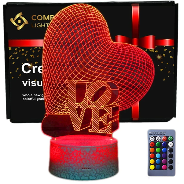 Lampka 3D LOVE – stylowa dekoracja do sypialni. Pilot + USB.
