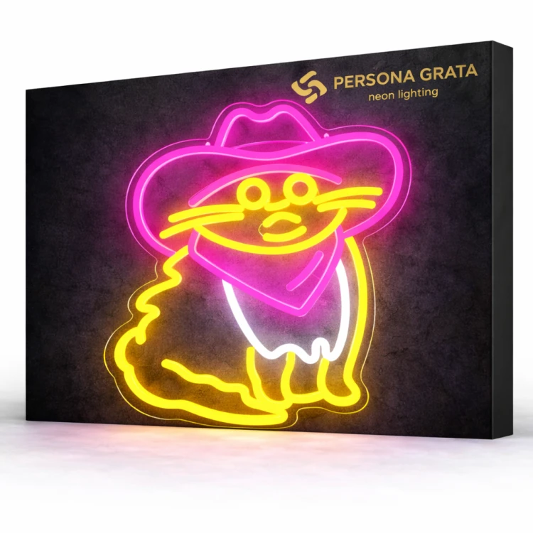 Duży neon Led USB Lampka na ścianę Napis do pokoju Kot w różowym kowbojskim kapeluszu
