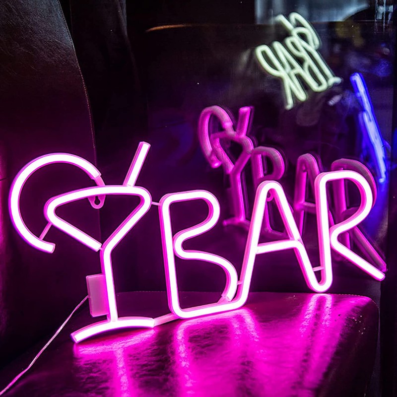 Duży neon Led USB/baterie Lampka na ścianę Napis do pokoju BAR różowy 55cm