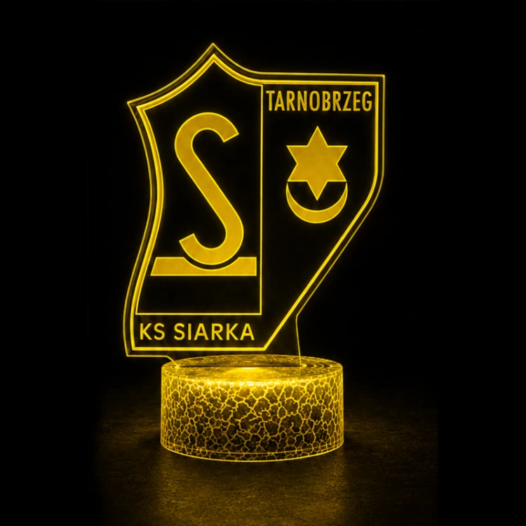 Nowoczesna lampka LED 3D Siarka Tarnobrzeg z efektem przestrzennym, zasilaniem USB, pilotem i zmianą 16 kolorów światła.