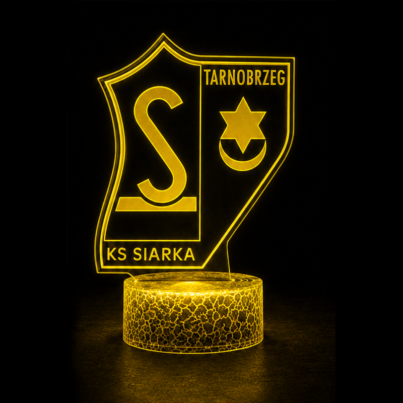 Nowoczesna lampka LED 3D Siarka Tarnobrzeg z efektem przestrzennym, zasilaniem USB, pilotem i zmianą 16 kolorów światła.