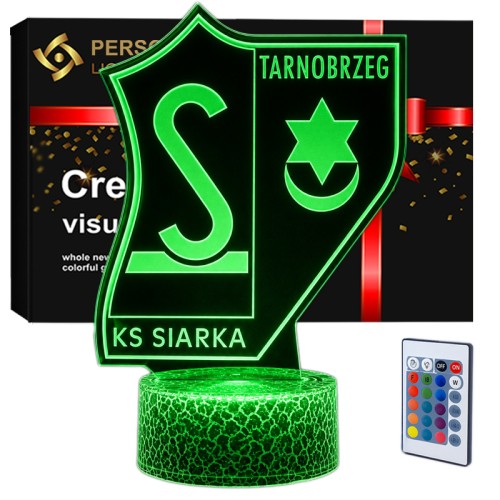Lampka 3D LED KS Siarka Tarnobrzeg z motywem herbu, 16 kolorami światła, pilotem i zasilaniem USB. Idealna dla fana piłki.