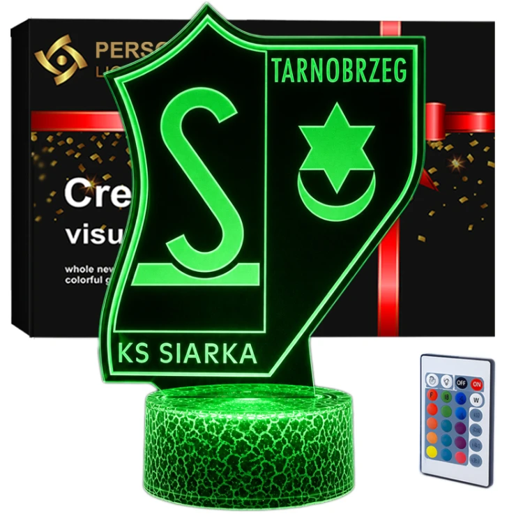 Lampka 3D LED KS Siarka Tarnobrzeg z motywem herbu, 16 kolorami światła, pilotem i zasilaniem USB. Idealna dla fana piłki.