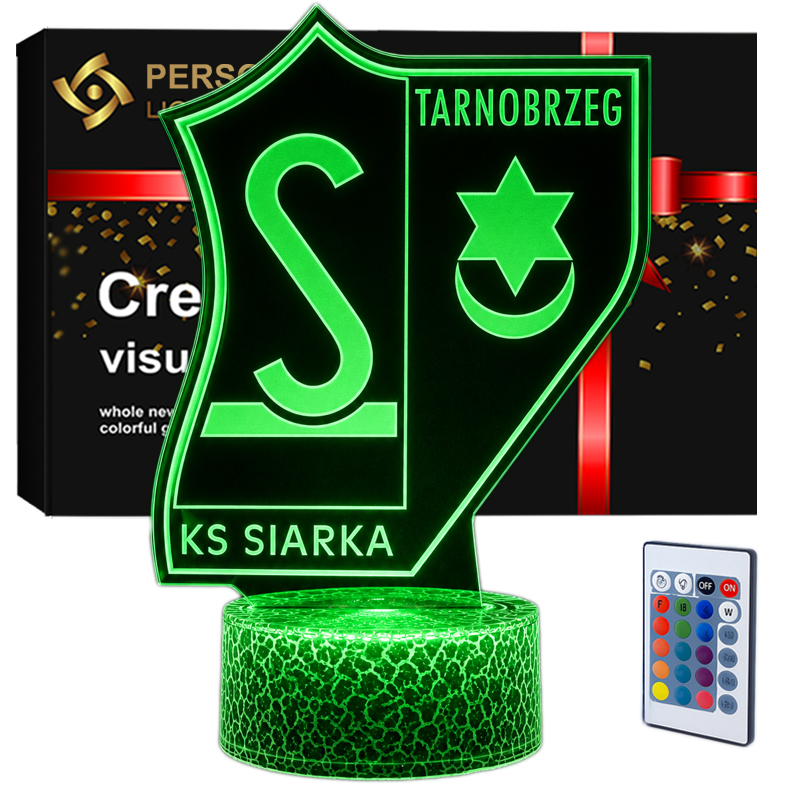 Lampka 3D LED KS Siarka Tarnobrzeg z motywem herbu, 16 kolorami światła, pilotem i zasilaniem USB. Idealna dla fana piłki.