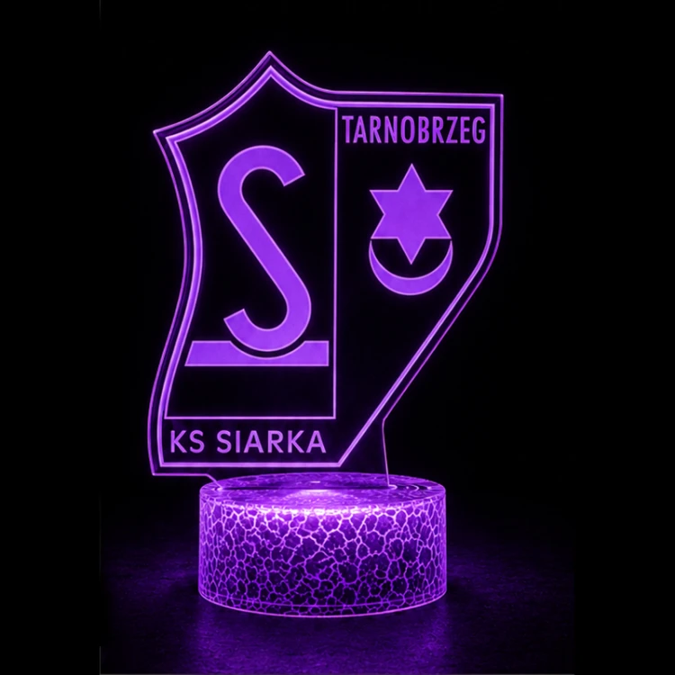 Lampka nocna 3D KS Siarka Tarnobrzeg z akrylową płytką LED, pilotem i 16 kolorami. Świetny dodatek do pokoju kibica.